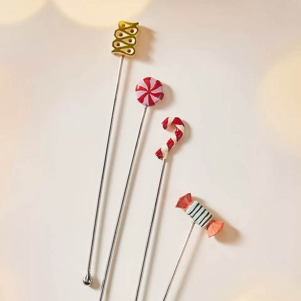 NWT Anthropologie Set of 4  Christmas Candy Bon Bon Beverage Stirrers